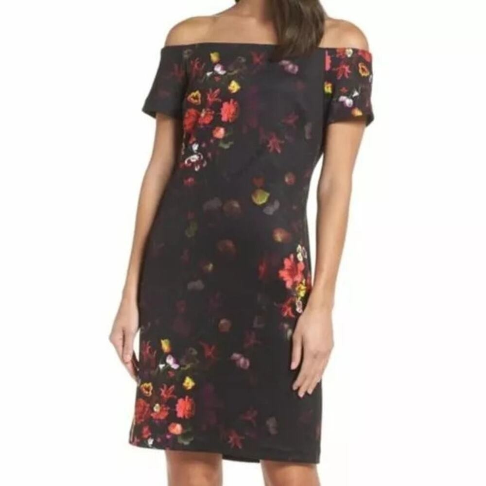 Sam Edelman‎ Floral Off The Shoulder Scuba Sheath Cocktail Dress Black Women's 6